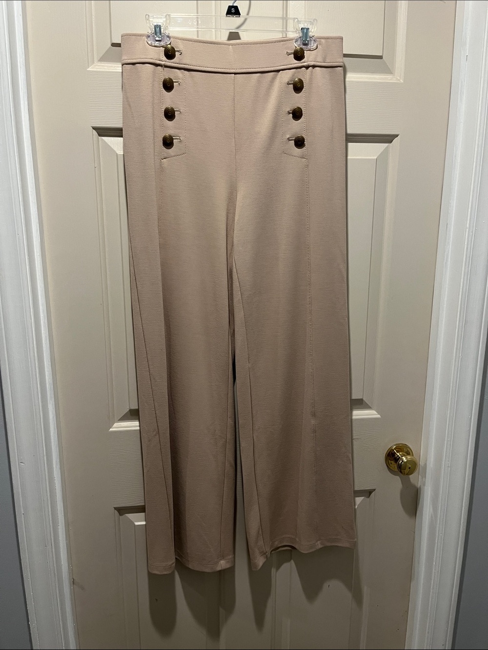 LOFT Taupe Wide-Leg High-Rise Pants with Double-Button Detail